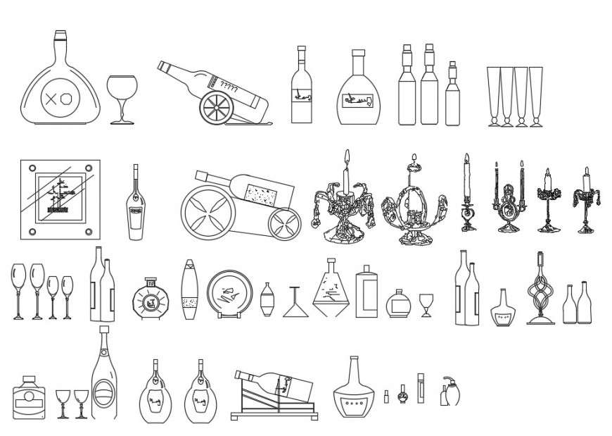 CAd drawings details of front elevation of fancy bottles and glasses